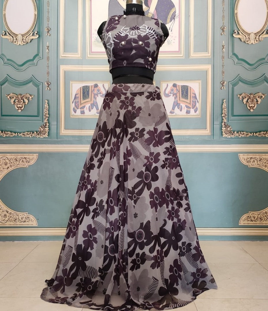 Grey georgette heavy digital printed lehenga with crop top