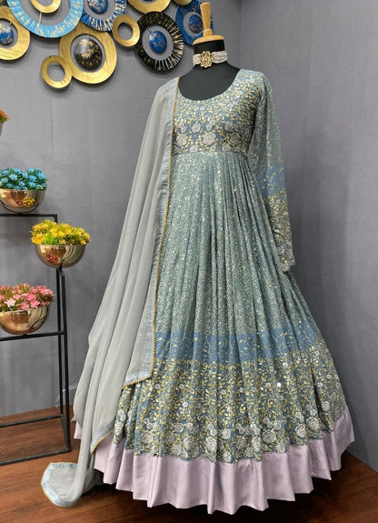 Grey georgette heavy embroidered long anarkali suit