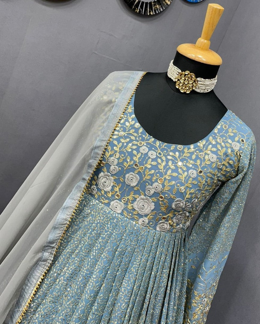 Grey georgette heavy embroidered long anarkali suit