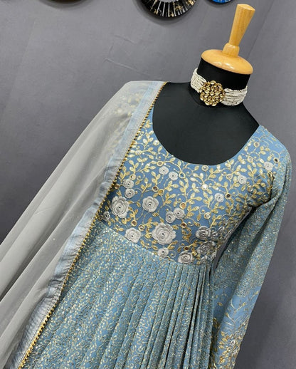 Grey georgette heavy embroidered long anarkali suit
