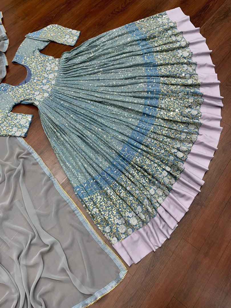 Grey georgette heavy embroidered long anarkali suit