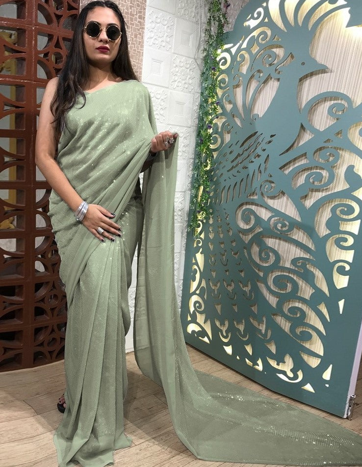 Grey georgette heavy embroidered sequence saree