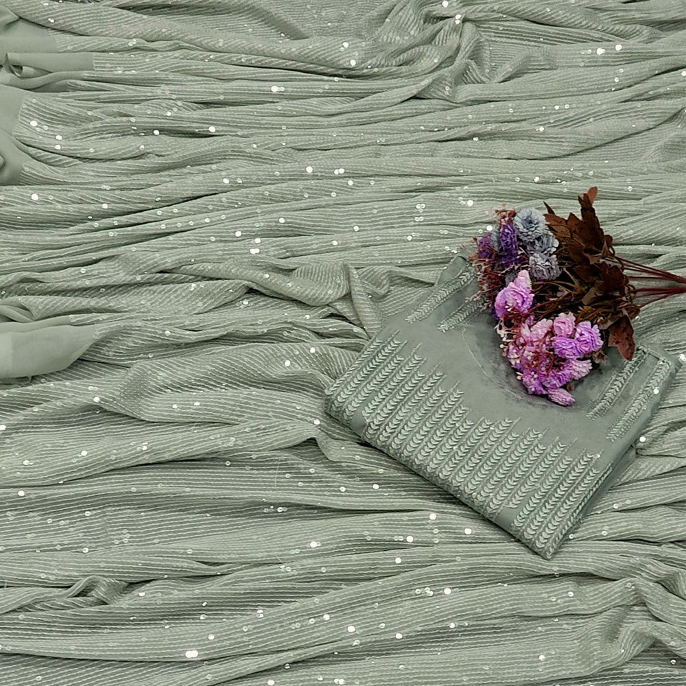 Grey georgette heavy embroidered sequence saree