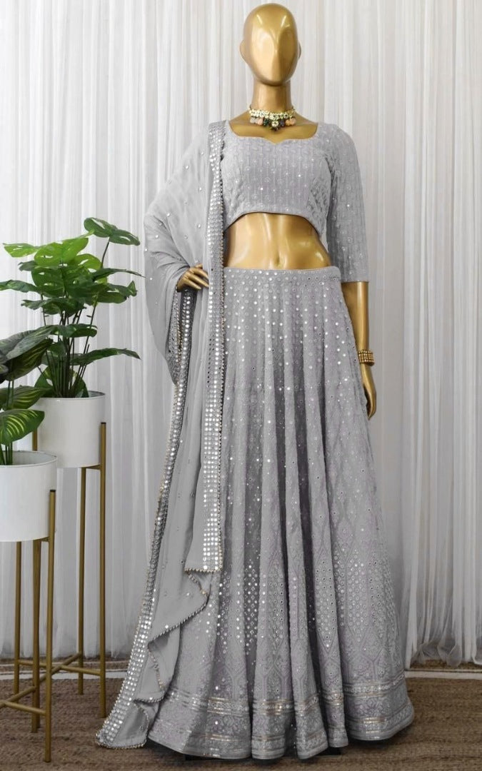 Grey georgette heavy embroidered sequence work wedding lehenga choli