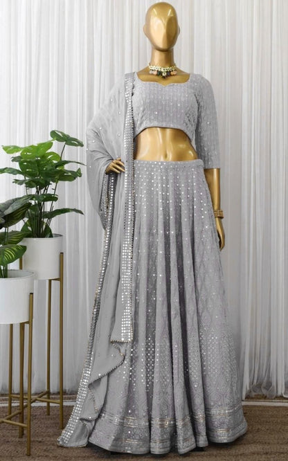 Grey georgette heavy embroidered sequence work wedding lehenga choli