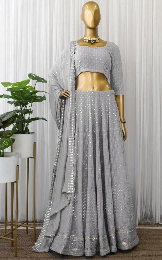 Grey georgette heavy embroidered sequence work wedding lehenga choli