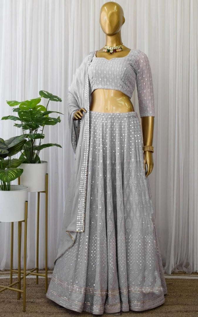 Grey georgette heavy embroidered sequence work wedding lehenga choli