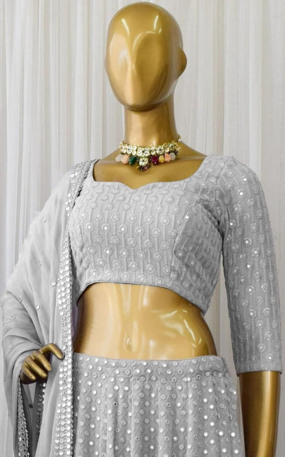 Grey georgette heavy embroidered sequence work wedding lehenga choli