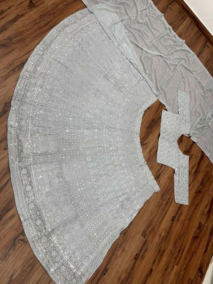 Grey georgette heavy embroidered sequence work wedding lehenga choli