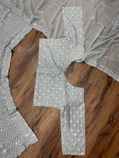 Grey georgette heavy embroidered sequence work wedding lehenga choli