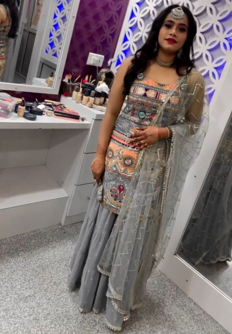 Grey georgette heavy embroidered sharara suit