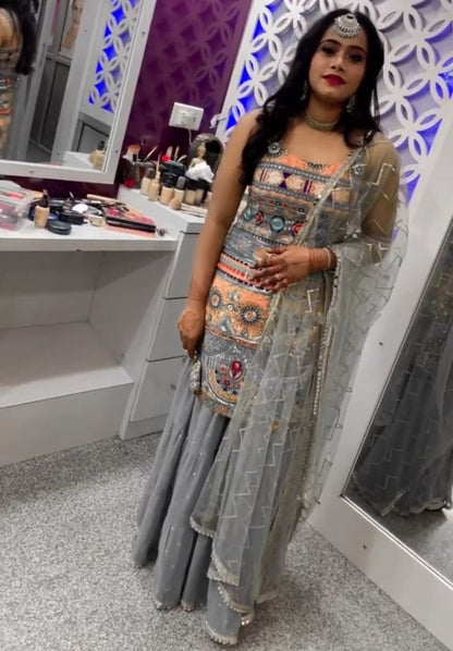 Grey georgette heavy embroidered sharara suit