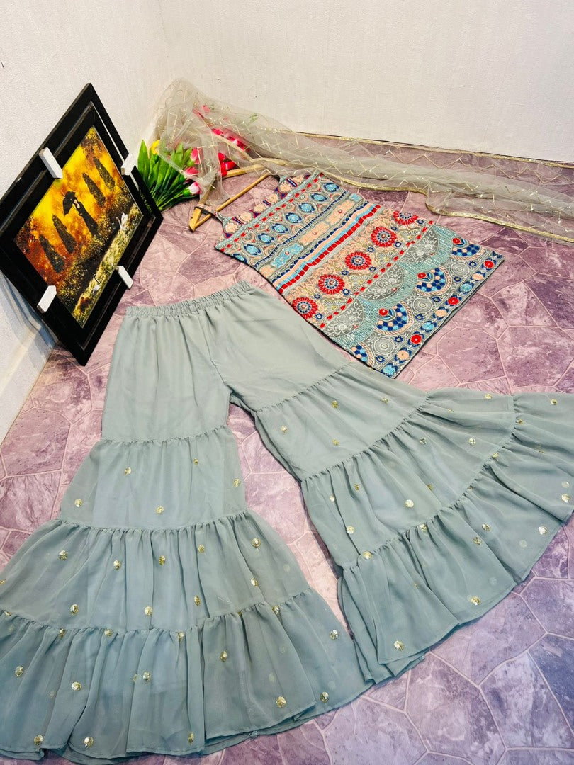 Grey georgette heavy embroidered sharara suit