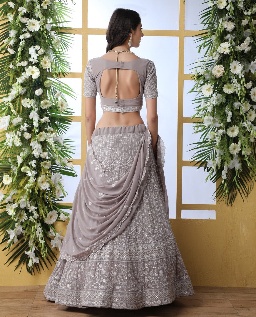 Grey georgette heavy embroidered wedding lehenga choli