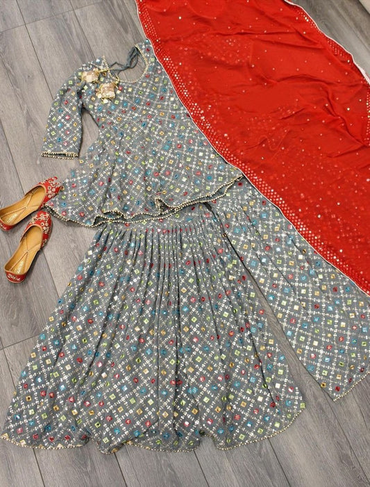 Grey georgette heavy embroidered work sharara suit