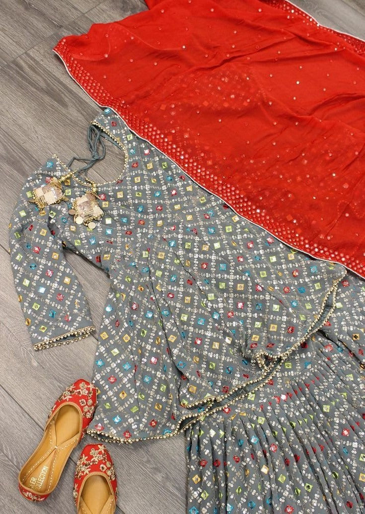 Grey georgette heavy embroidered work sharara suit