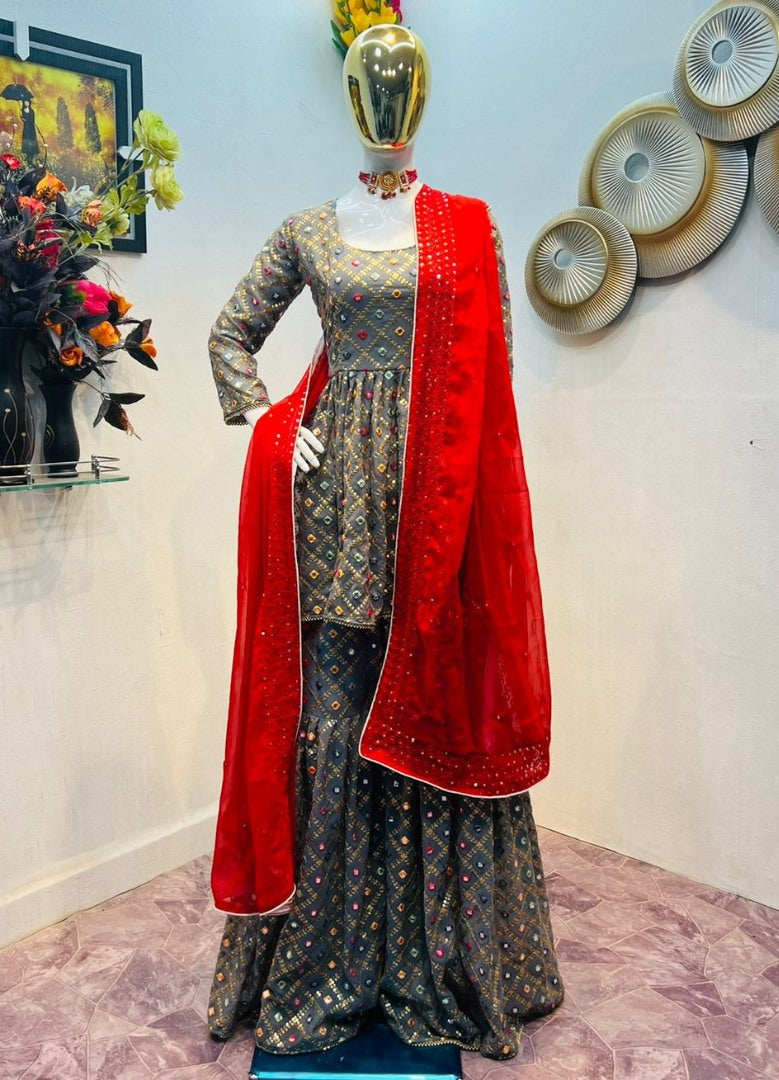 Grey georgette heavy embroidered work sharara suit