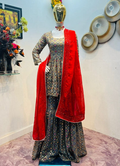 Grey georgette heavy embroidered work sharara suit