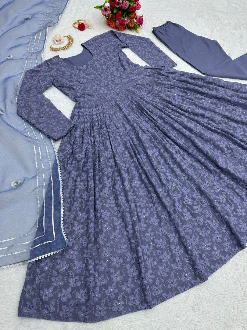 Grey georgette heavy embroidery work anarkali suit