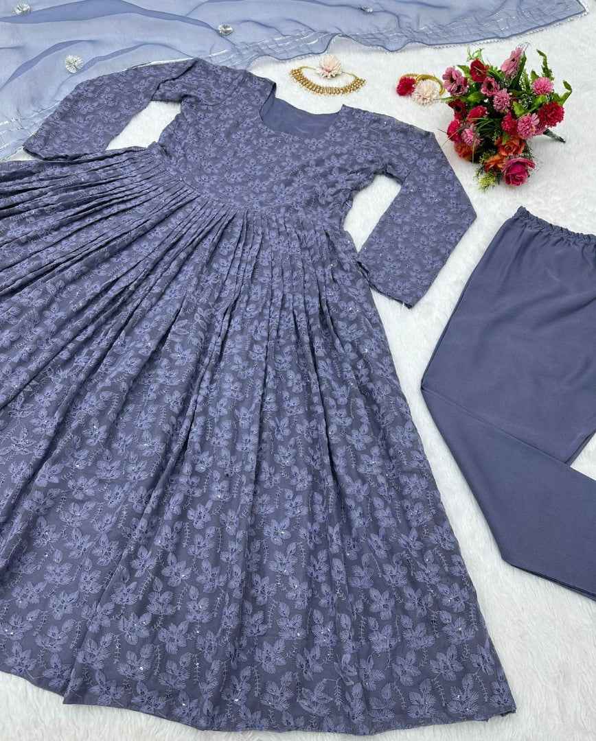 Grey georgette heavy embroidery work anarkali suit