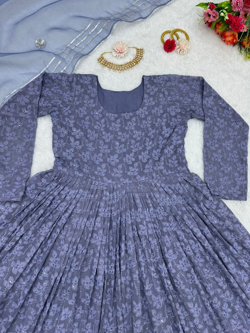 Grey georgette heavy embroidery work anarkali suit