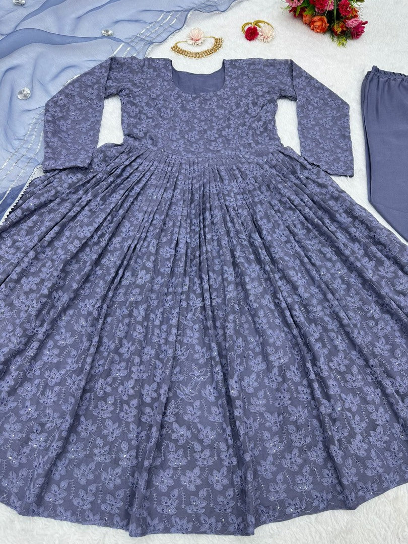 Grey georgette heavy embroidery work anarkali suit
