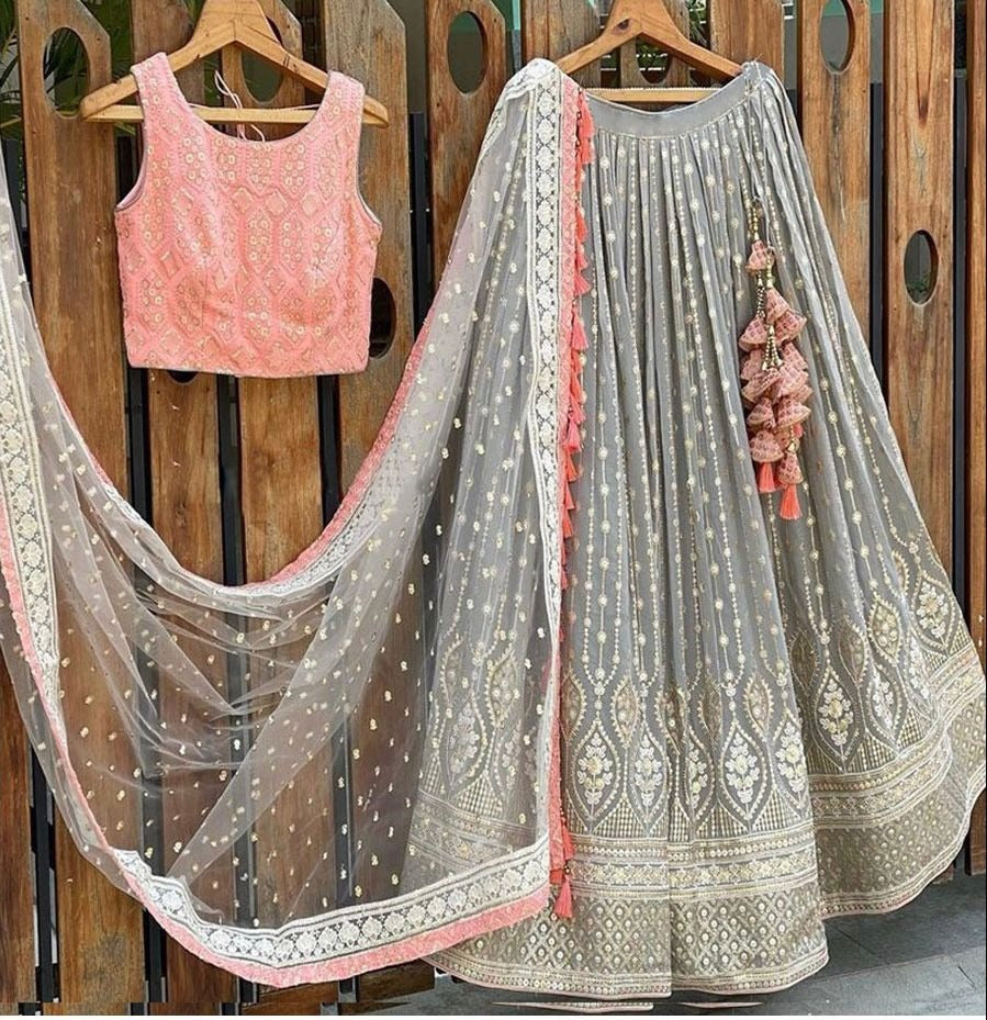 Grey georgette heavy sequence and thread embroidered work wedding lehenga choli