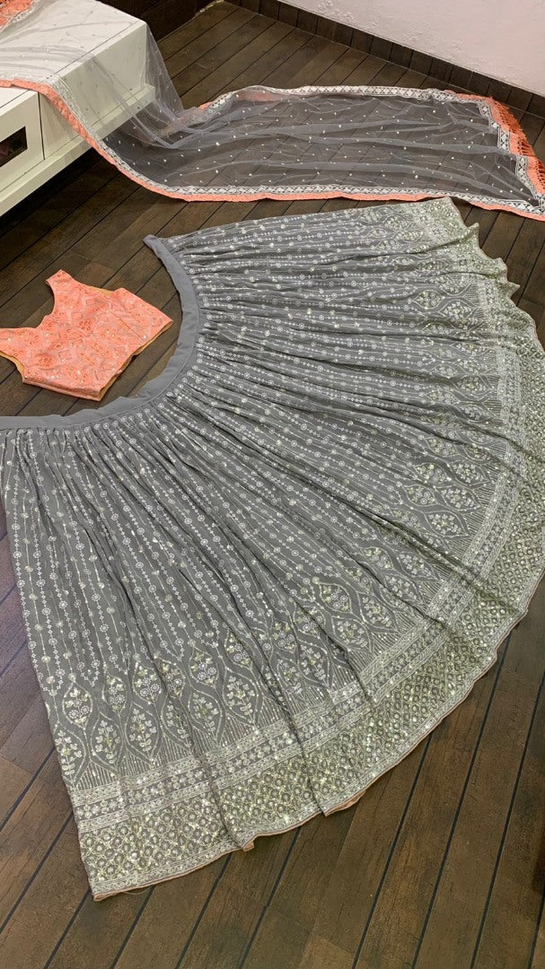 Grey georgette heavy sequence and thread embroidered work wedding lehenga choli