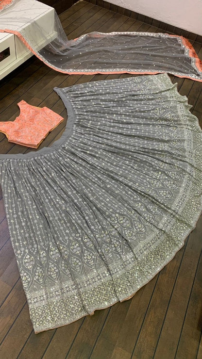 Grey georgette heavy sequence and thread embroidered work wedding lehenga choli