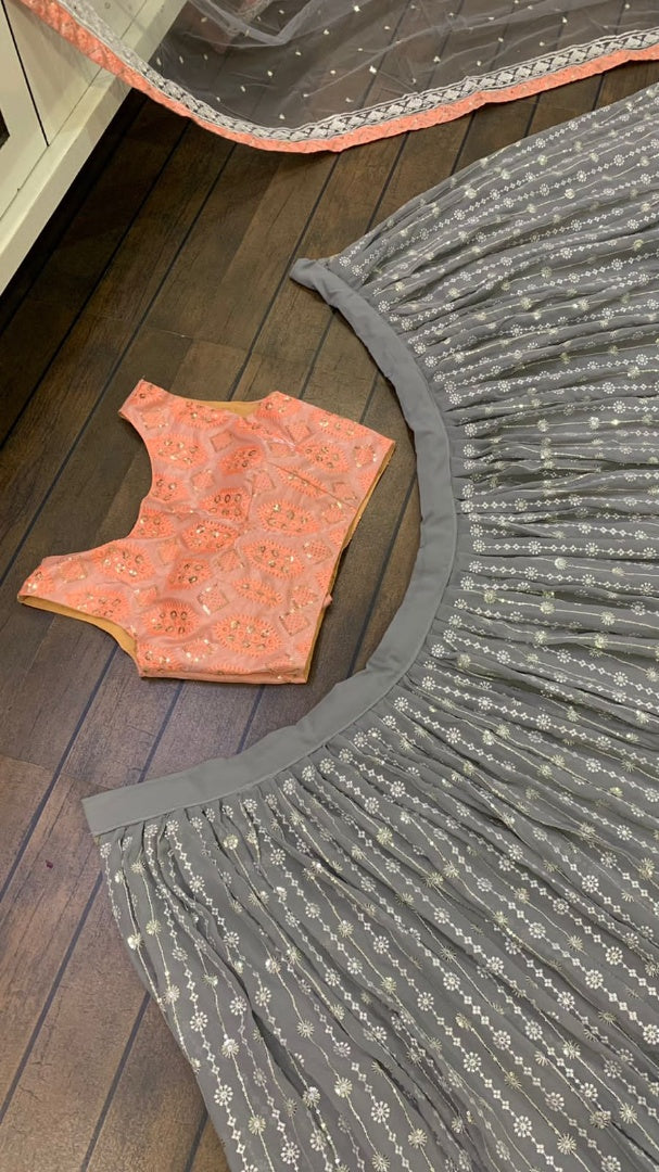 Grey georgette heavy sequence and thread embroidered work wedding lehenga choli