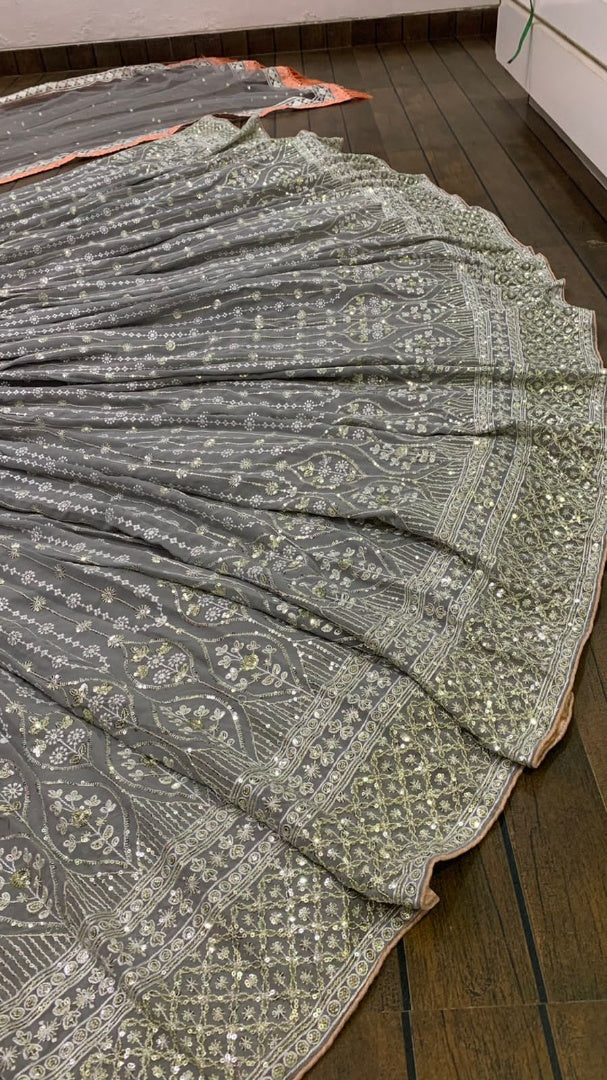 Grey georgette heavy sequence and thread embroidered work wedding lehenga choli