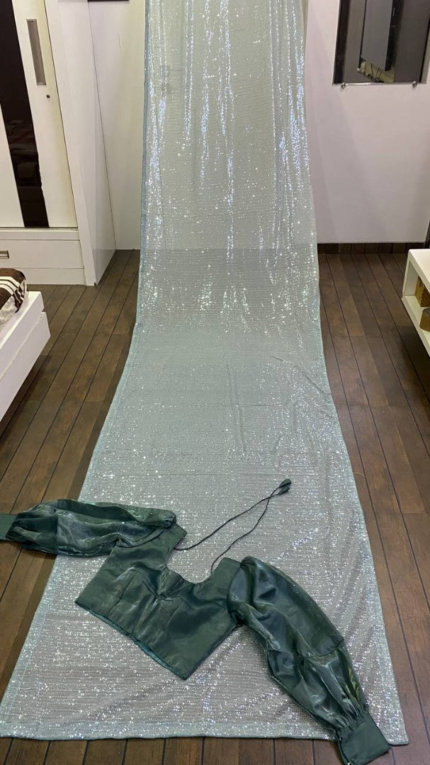 Grey georgette heavy sequence work designer party wear saree