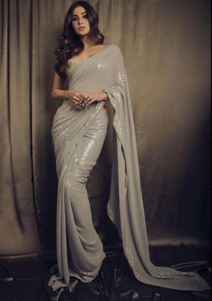 Grey georgette heavy sequence work saree