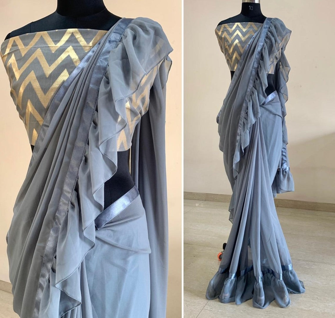 Grey georgette jhalar work saree with jacquard blouse