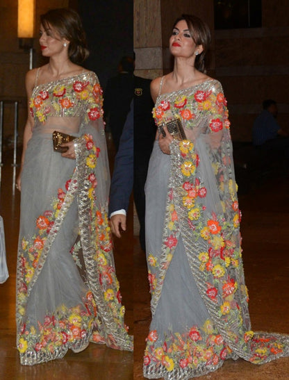 grey georgette multicolored sequence and threadworked bollywood style saree