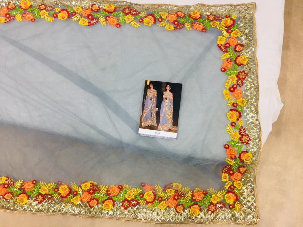 grey georgette multicolored sequence and threadworked bollywood style saree