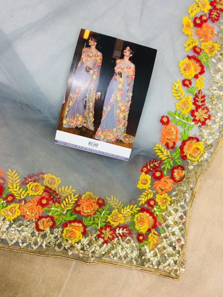 grey georgette multicolored sequence and threadworked bollywood style saree
