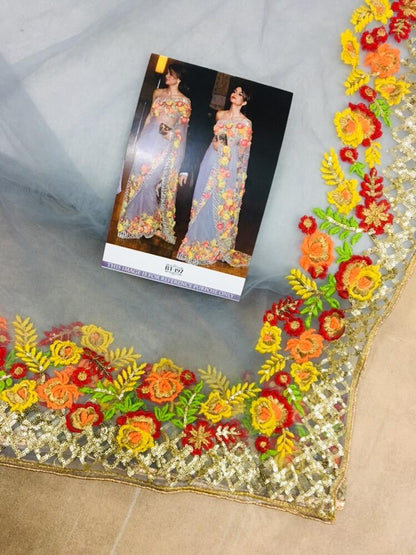 grey georgette multicolored sequence and threadworked bollywood style saree