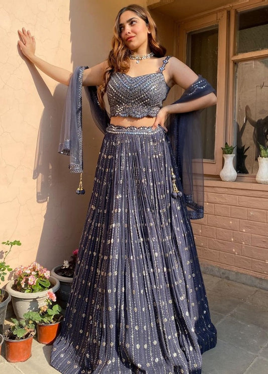 Grey georgette paper mirror embroidered wedding lehenga choli