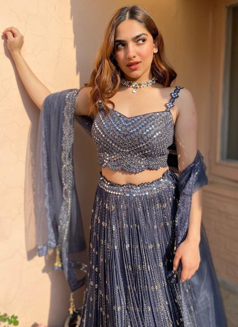 Grey georgette paper mirror embroidered wedding lehenga choli