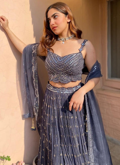 Grey georgette paper mirror embroidered wedding lehenga choli