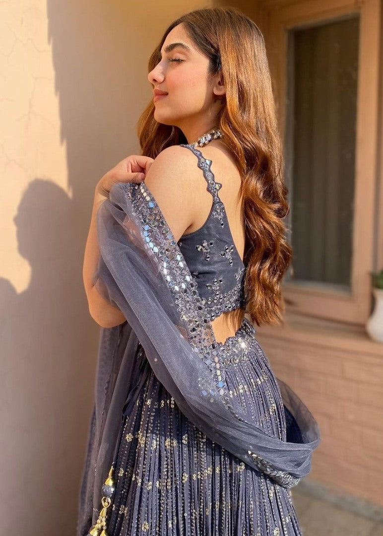 Grey georgette paper mirror embroidered wedding lehenga choli
