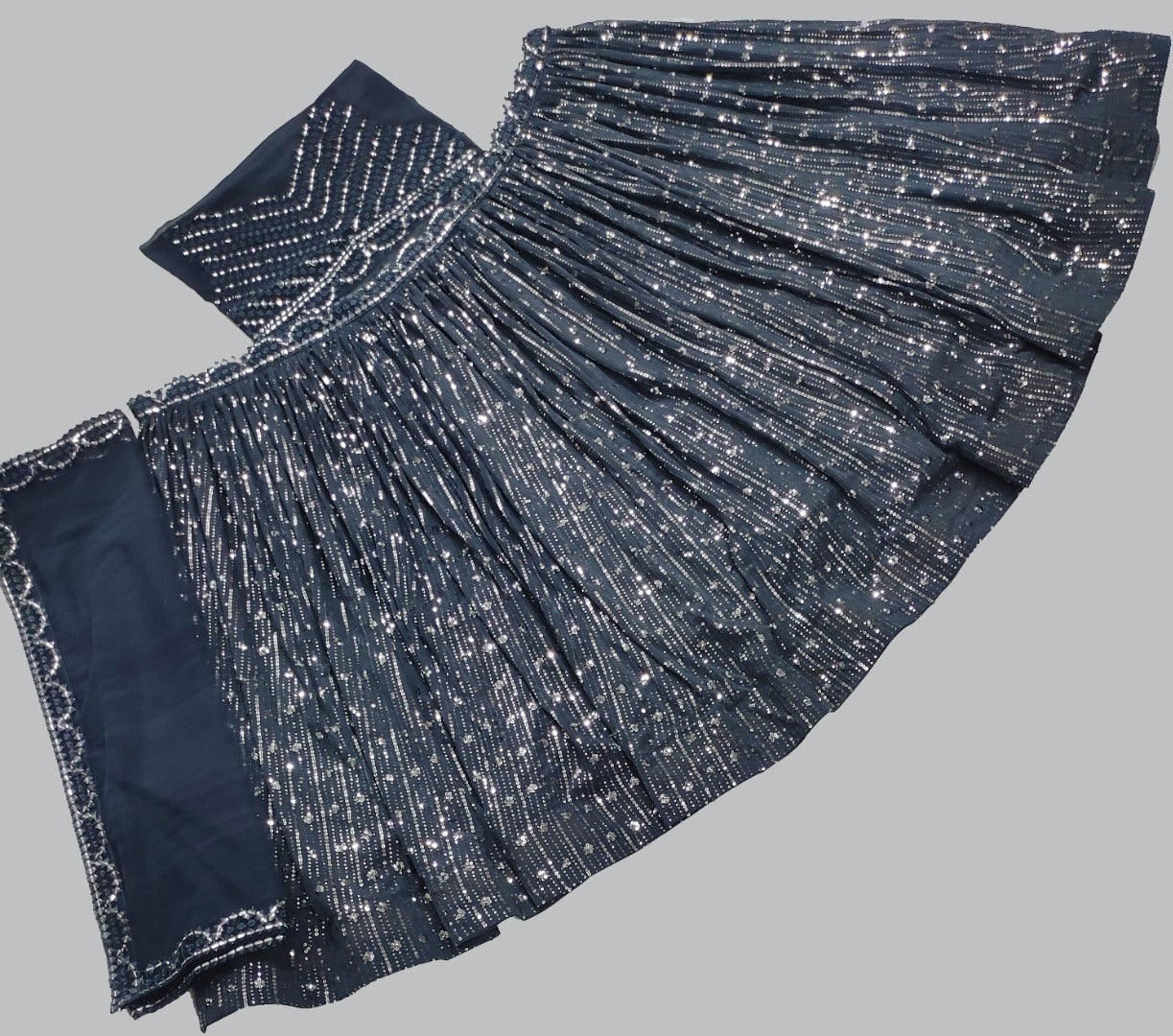 Grey georgette paper mirror embroidered wedding lehenga choli