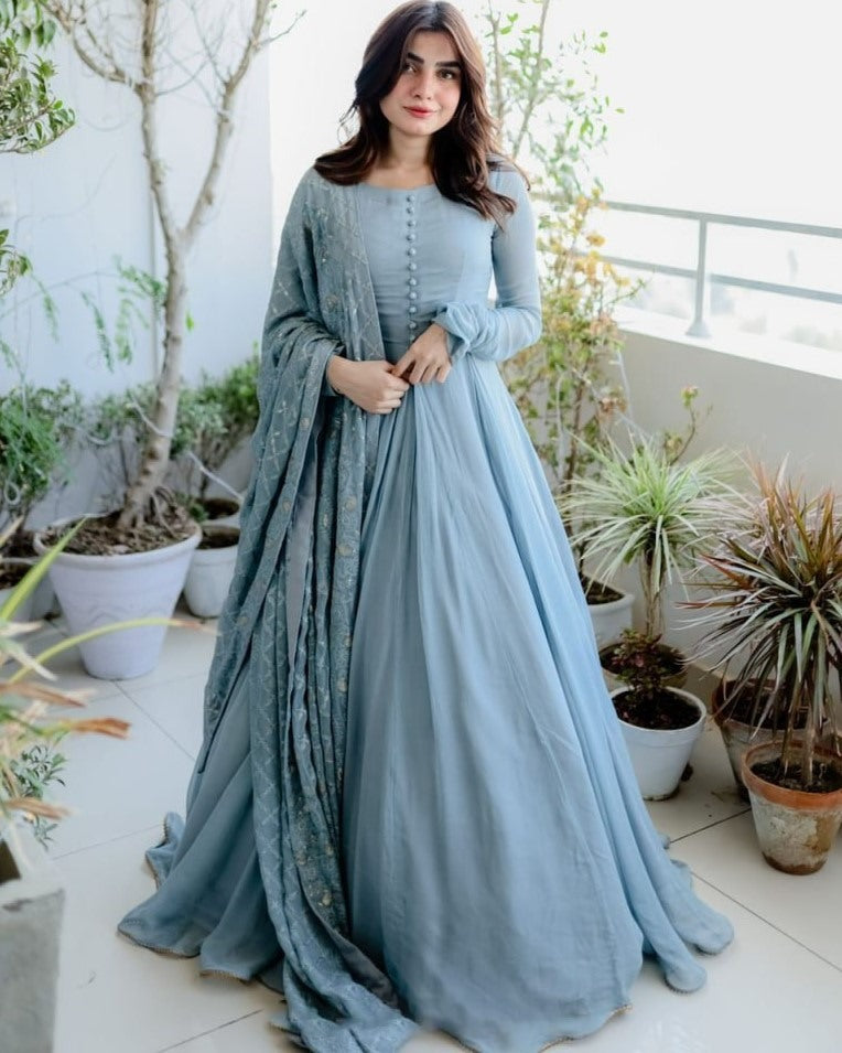 Grey georgette plain long anarkali gown