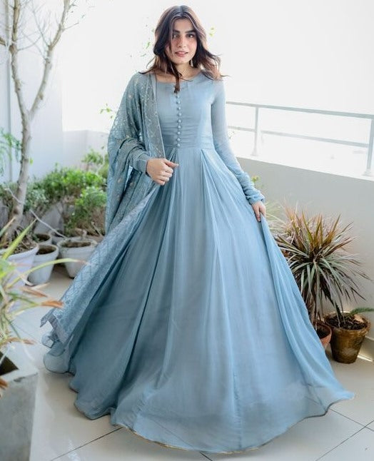 Grey georgette plain long anarkali gown