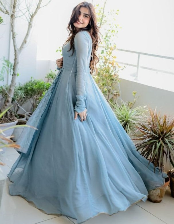 Grey georgette plain long anarkali gown