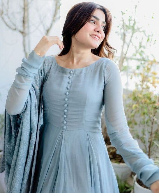 Grey georgette plain long anarkali gown