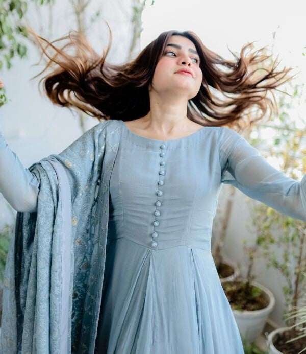 Grey georgette plain long anarkali gown