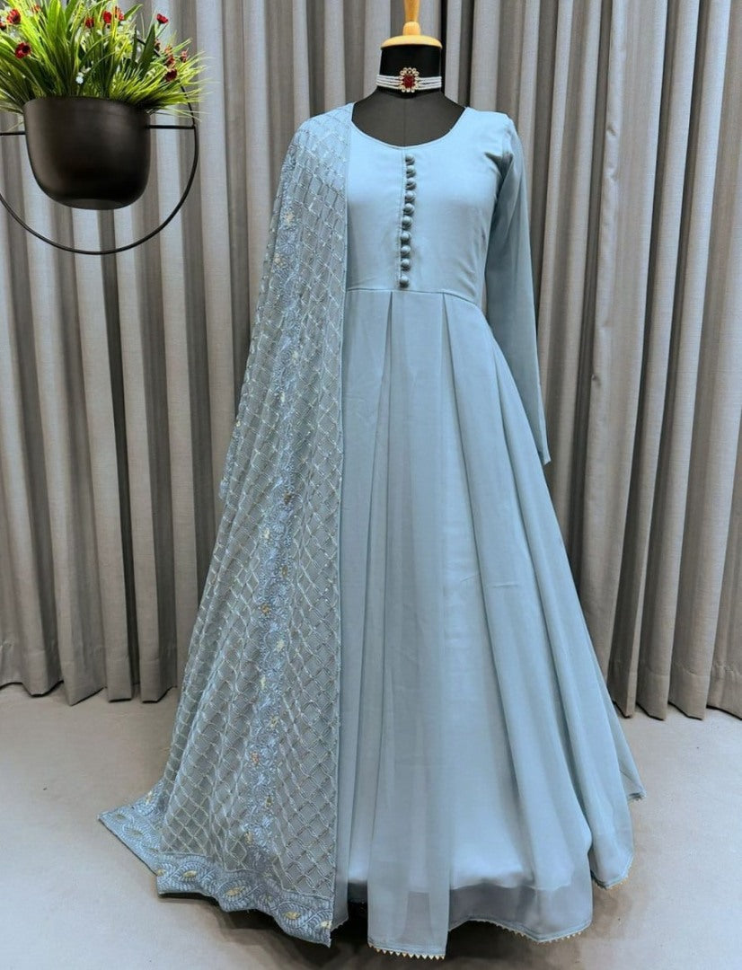 Grey georgette plain long anarkali gown