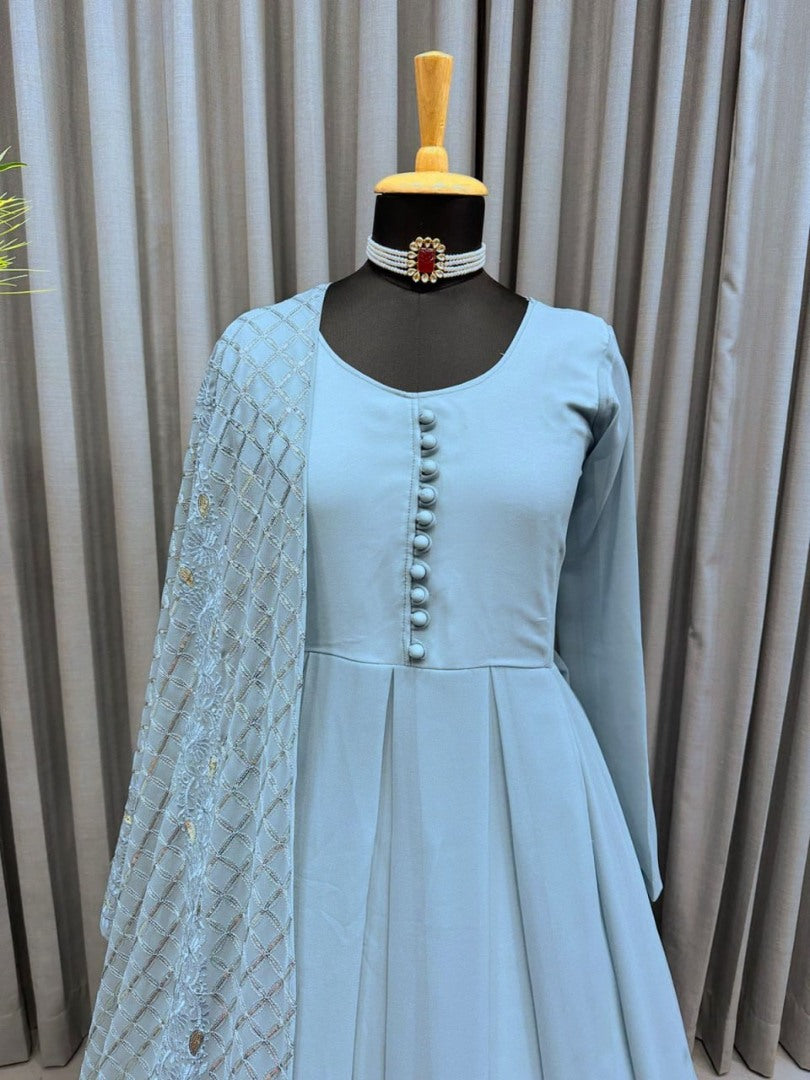Grey georgette plain long anarkali gown